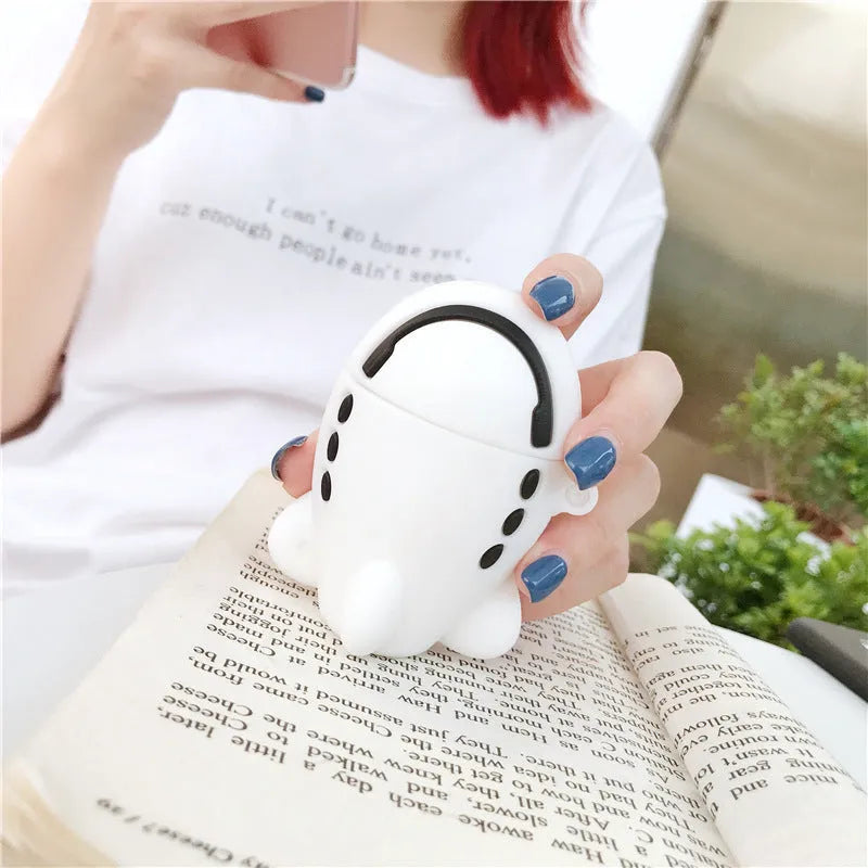 AirPods silicone protective case with cartoon aircraft headset design and keychain hook