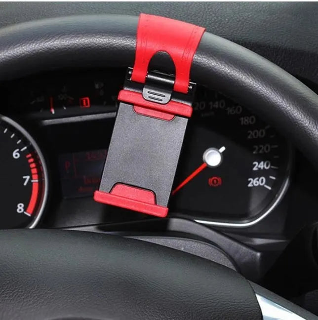 Black universal steering wheel phone clip mount holder showing phone compatibility.