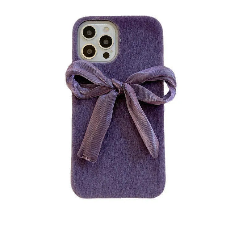 Purple Korean style silk bow mink plush phone case for Apple iPhone models