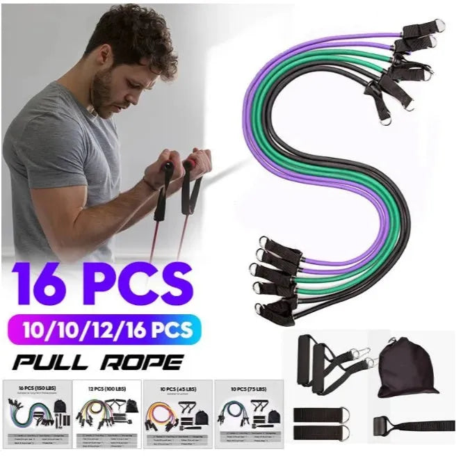 Rally resistance band set with latex ropes handles foot rings and door buckle on black storage bag