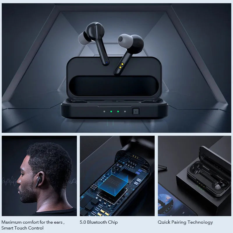 Black TWS wireless Bluetooth earbuds with IPX5 waterproof rating