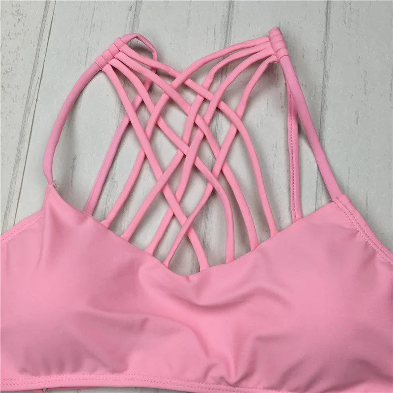 Cut out bikini set in pink or black with halter neck and cross detail, sizes S M L