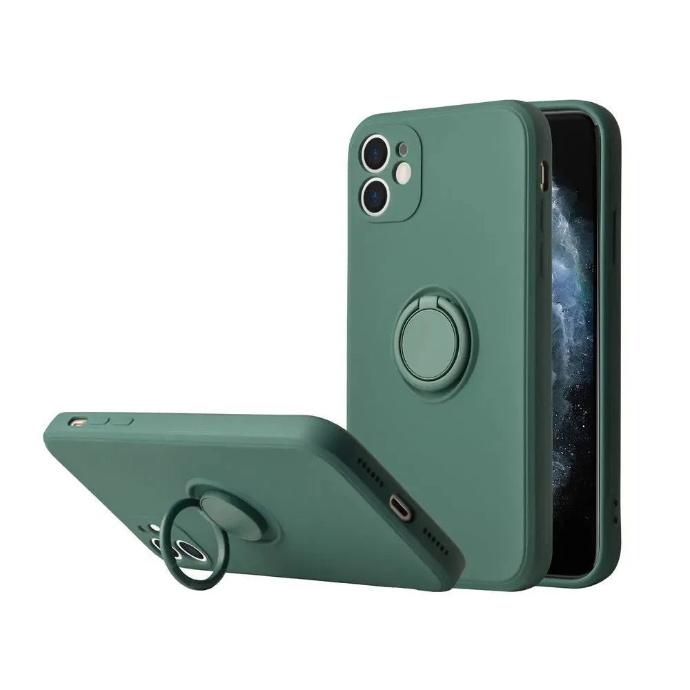 Black silicone iPhone case with a built-in metallic ring bracket on the back, shown fitted to an iPhone 12.