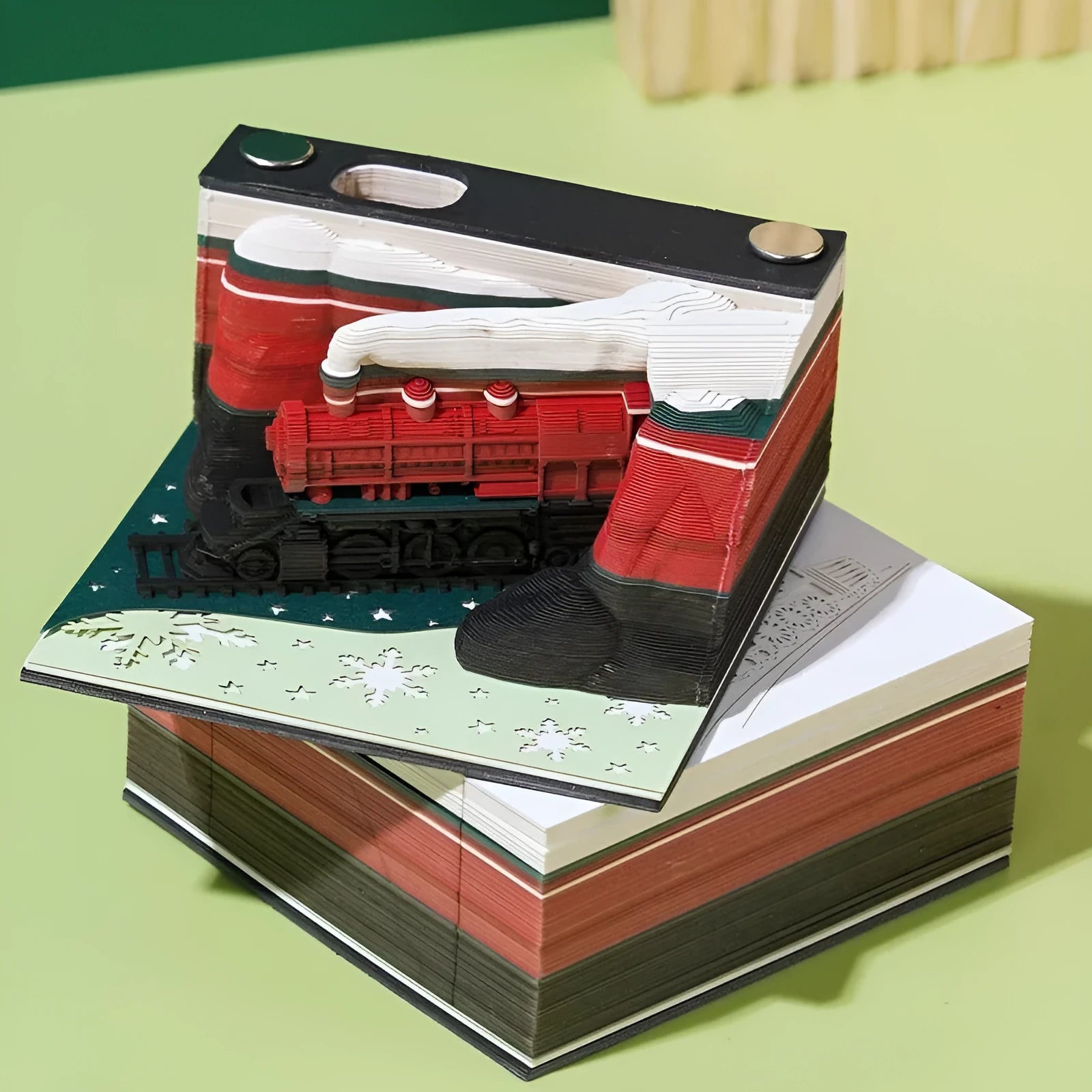 3D paper carving sticky notes kit assembling Qingshui Temple model with Christmas train design