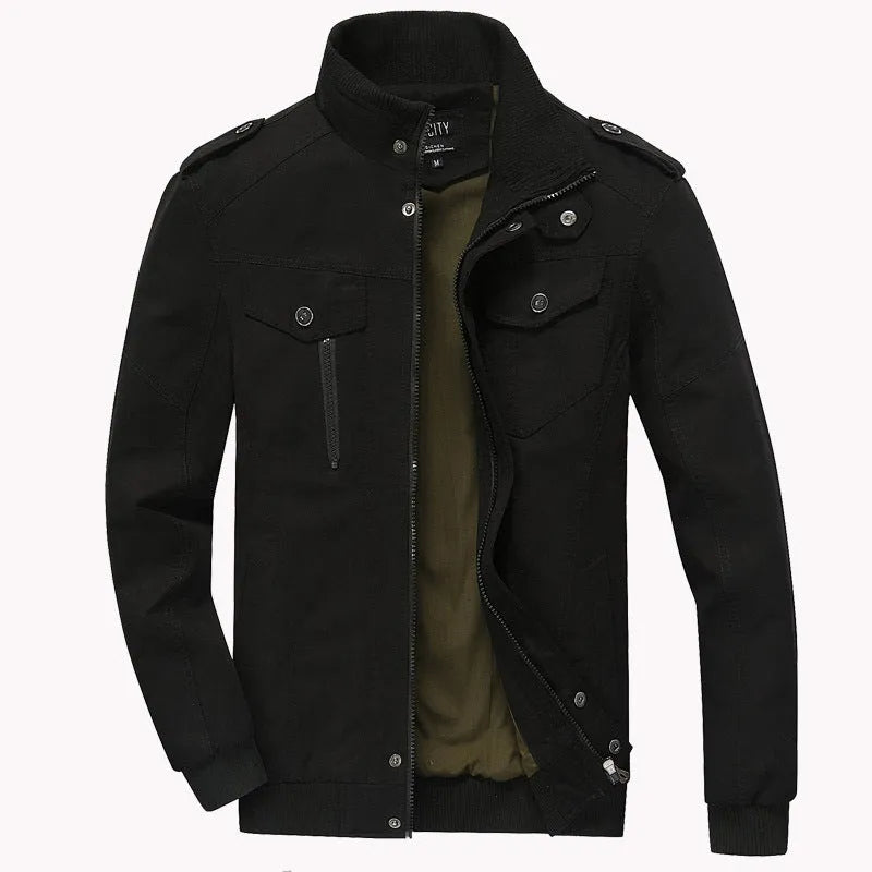 Men's khaki cotton military pilot bomber jacket with badge and side pockets