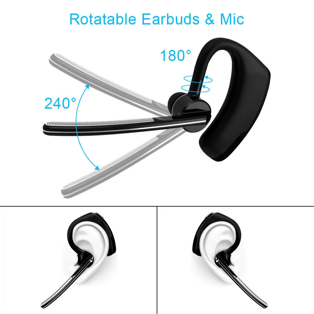 V9 Business Bluetooth wireless headset with ear-bud and USB charging cable on a white background.