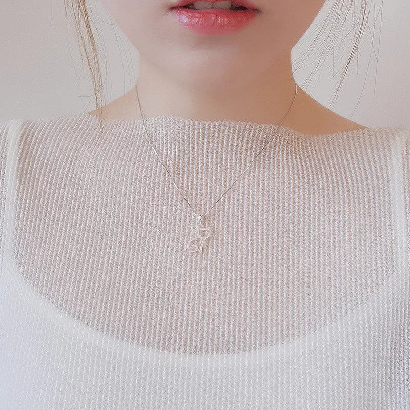 Korean style cat necklace with simple silver animal pendant and necklace option