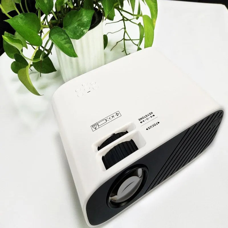 Portable LED smart projector with 18800 brightness, 1920x1080 support, 36-196 inch screen range, black or white.