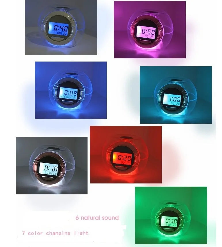 White colourful natural sound alarm clock with LCD display showing time and temperature