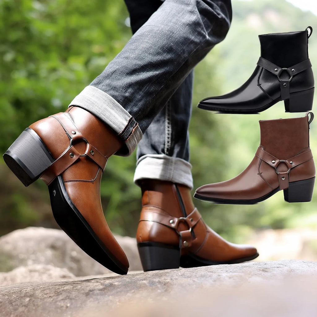 Unisex black chunky chain boots with side zip, square toe, and a thick rubber sole.