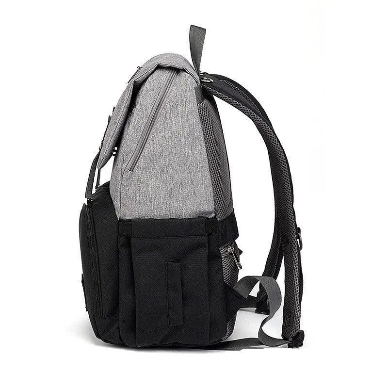 Double shoulder mummy bag backpack in grey white with bottle, Oxford fabric, tissue pocket and stroller hooks