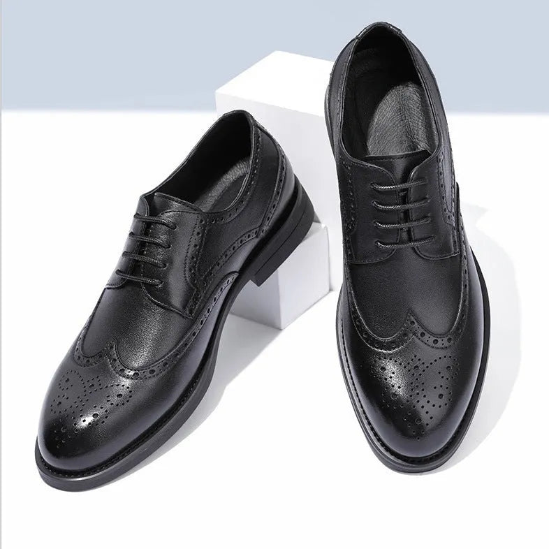 Men's black and brown brogue leather shoes for business with a PU leather upper.