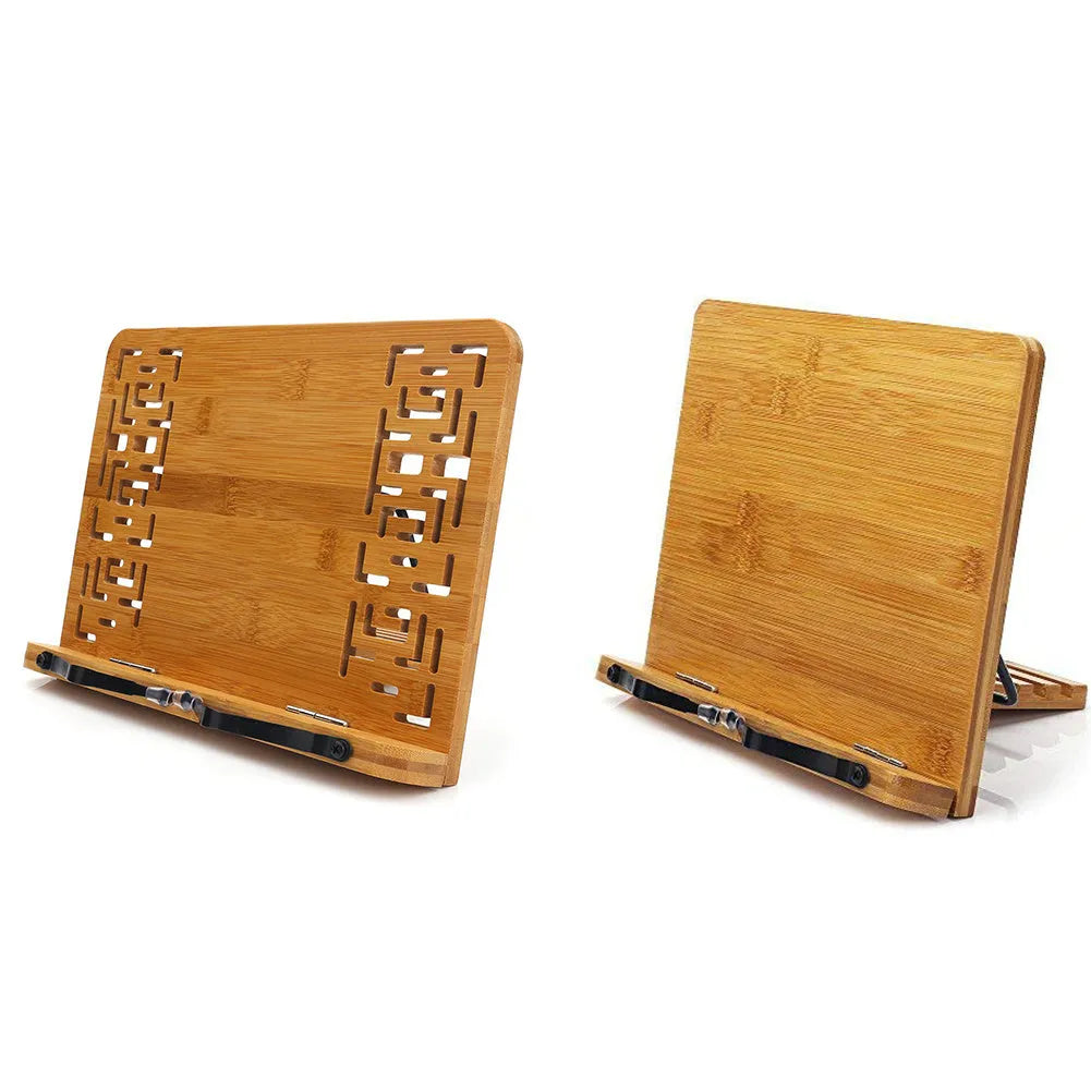 Natural bamboo hollow reading frame on a desk holding an open book in M size with hollow finish