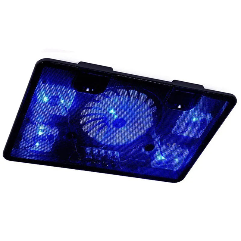 Naju N5 ultra-thin black notebook cooler with large 14.5cm main fan and four small fans on iron mesh panel