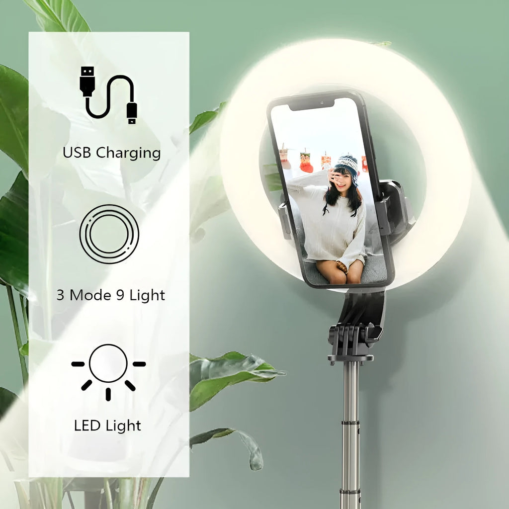 Black selfie stick tripod with 5 inch ring fill light, aluminium alloy pole, and Bluetooth remote for phones 4.0-6.2 inches