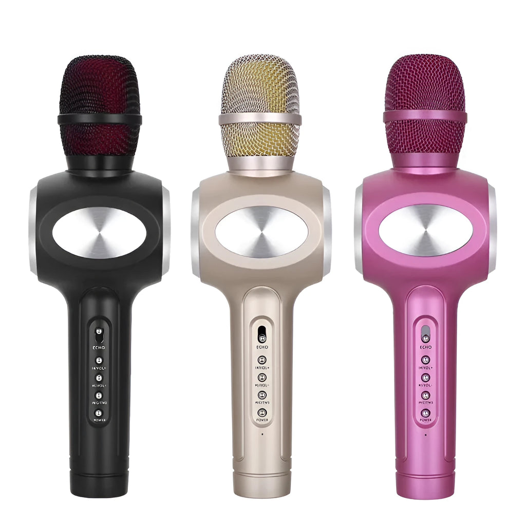 Yaerjia E108 black mobile karaoke microphone with built-in speaker grill and controls.