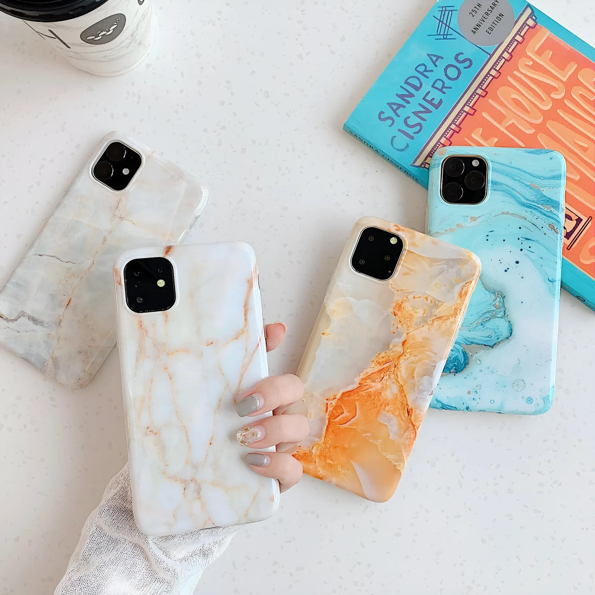 Frosty marble silicone phone case for iPhone with geometric pattern in jade green colour