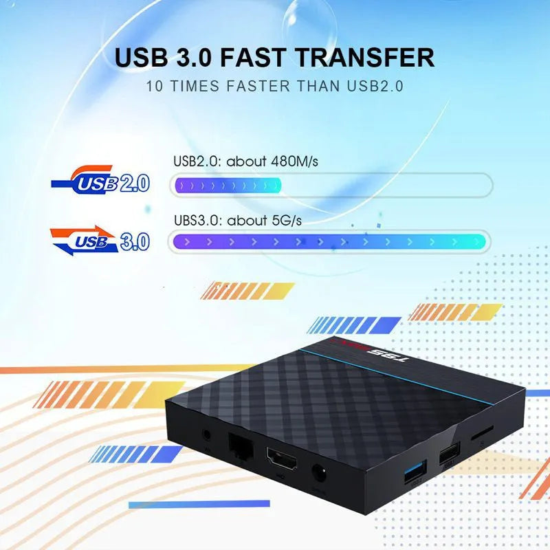 Black T95 Max Plus Android Smart TV Box with remote control on a wooden surface.