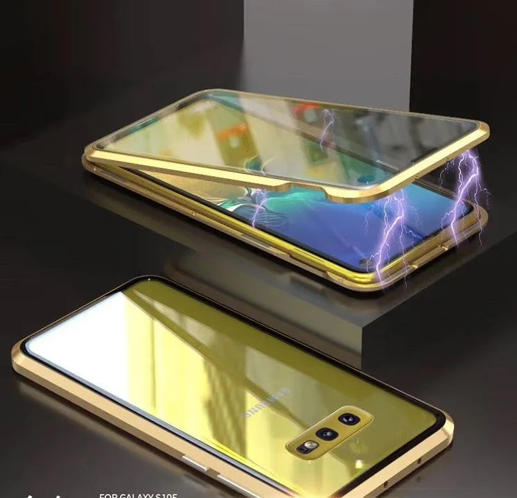 Samsung S10 Plus double sided glass case with 100000 Gauss magnetar system, metal frame, and solid black finish