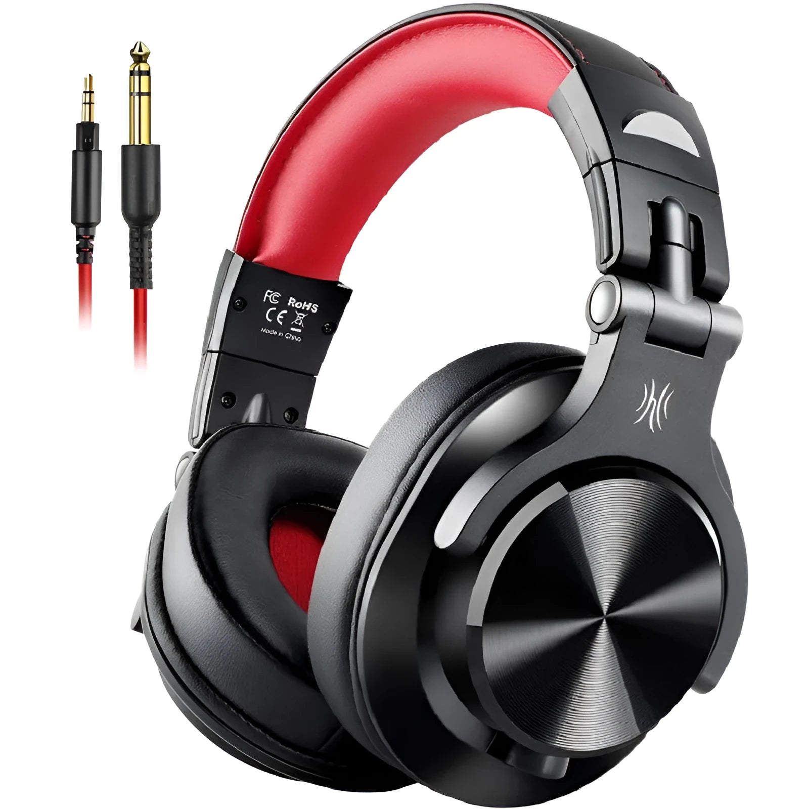 Black and red OneOdio over-ear wired headphones with a detachable 3.5mm audio cable.