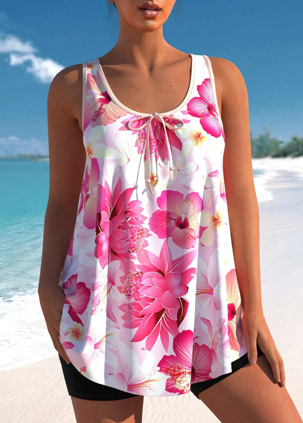 Pink printed tankini swimsuit for plus-size women with high-waist briefs