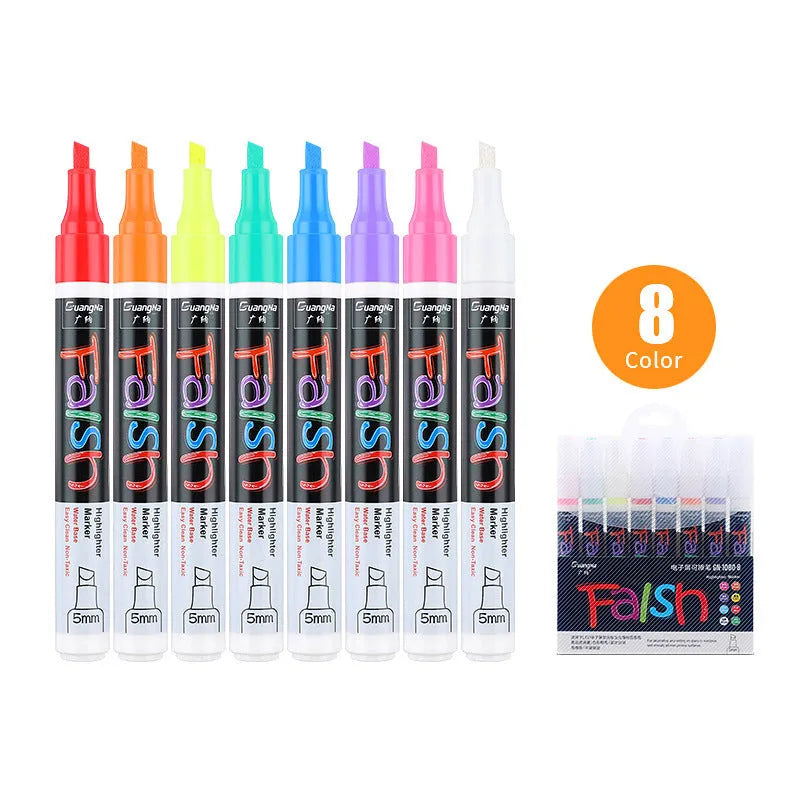 Electronic fluorescent board highlighter with plastic body and 6mm oblique tip, shown with multicolour refill set on card packaging.