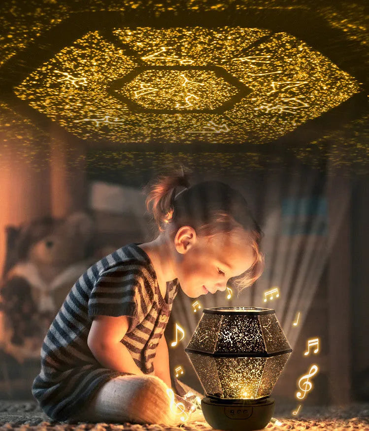 Children's rotating star night light projecting dreamlike starlight in a bedroom