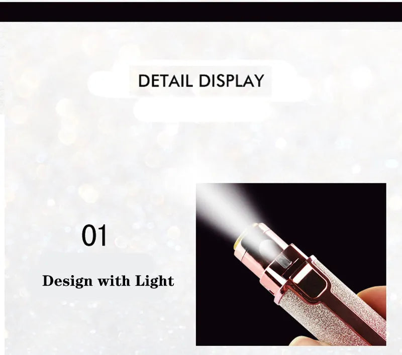 Lipstick shape electric eyebrow trimmer with gold plated head in Rainbow or Starry Sky colour, 2.5 x 2.5 x 12.5 cm.