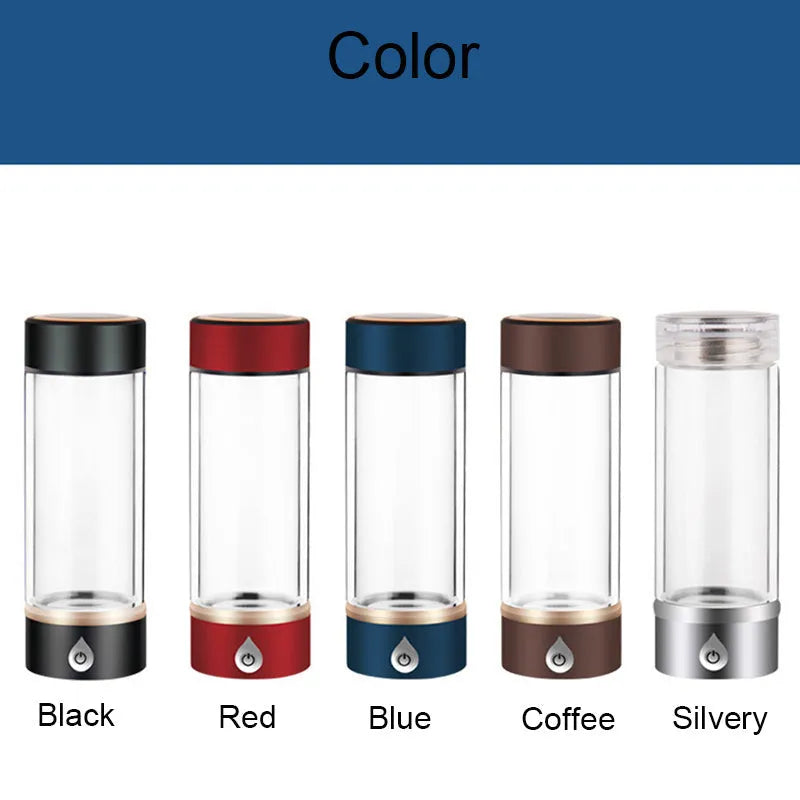 Blue hydrogen water ionizer bottle 380ml with high borosilicate glass body and rechargeable base