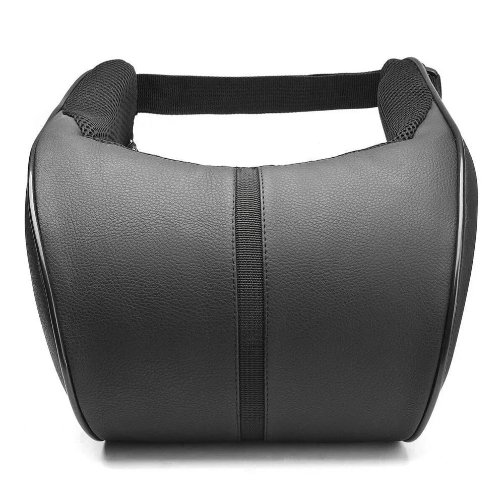 Black memory foam neck pillow car headrest with slow rebound and leather surface on a seat