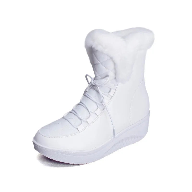 Black women's winter boots with lace-up closure, water-resistant PU leather upper, and plush lining.