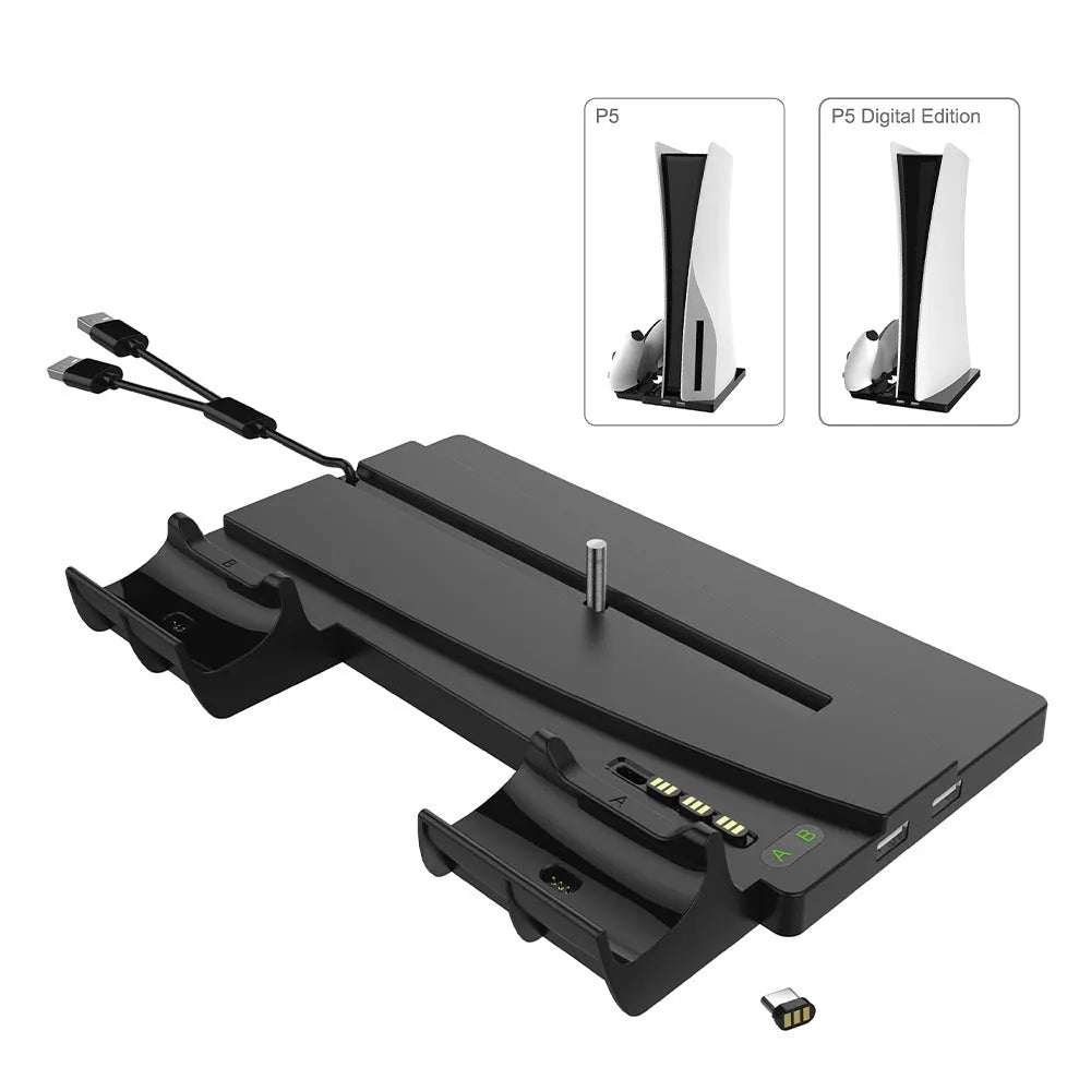 PS5 multi-function charger stand in black material with USB interface for console and controller