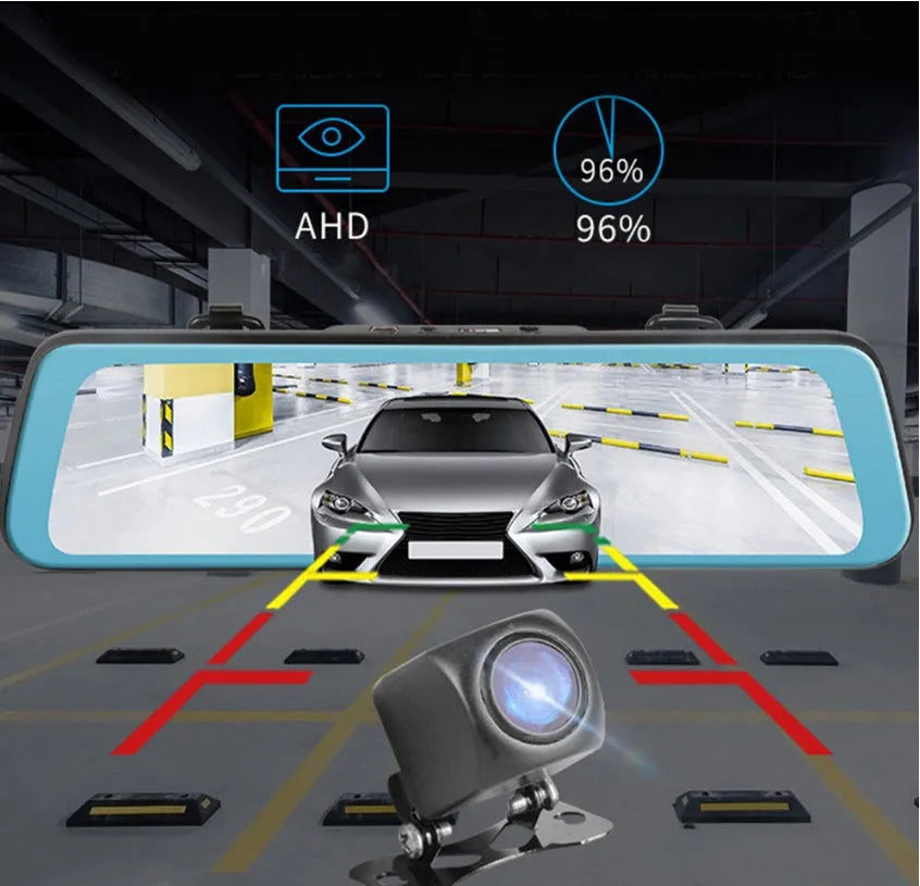 Dual cameras driving recorder with 10-inch 2.5D full glass screen, 170-degree wide-angle lens, and rearview mirror mount.