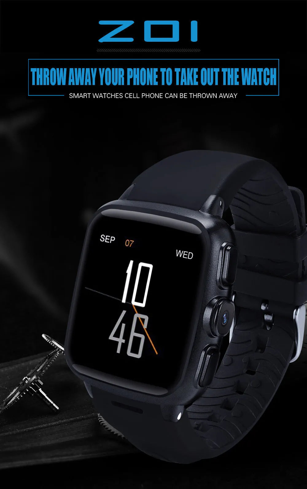 Black and white smart watch with a 1.54-inch touchscreen and camera.