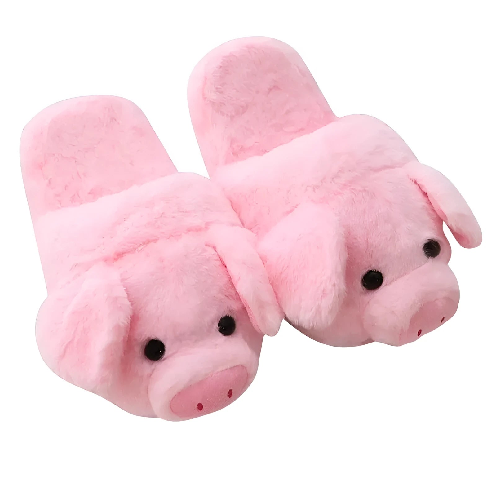 Pink pig-themed plush floor slippers for adults on a plain background.