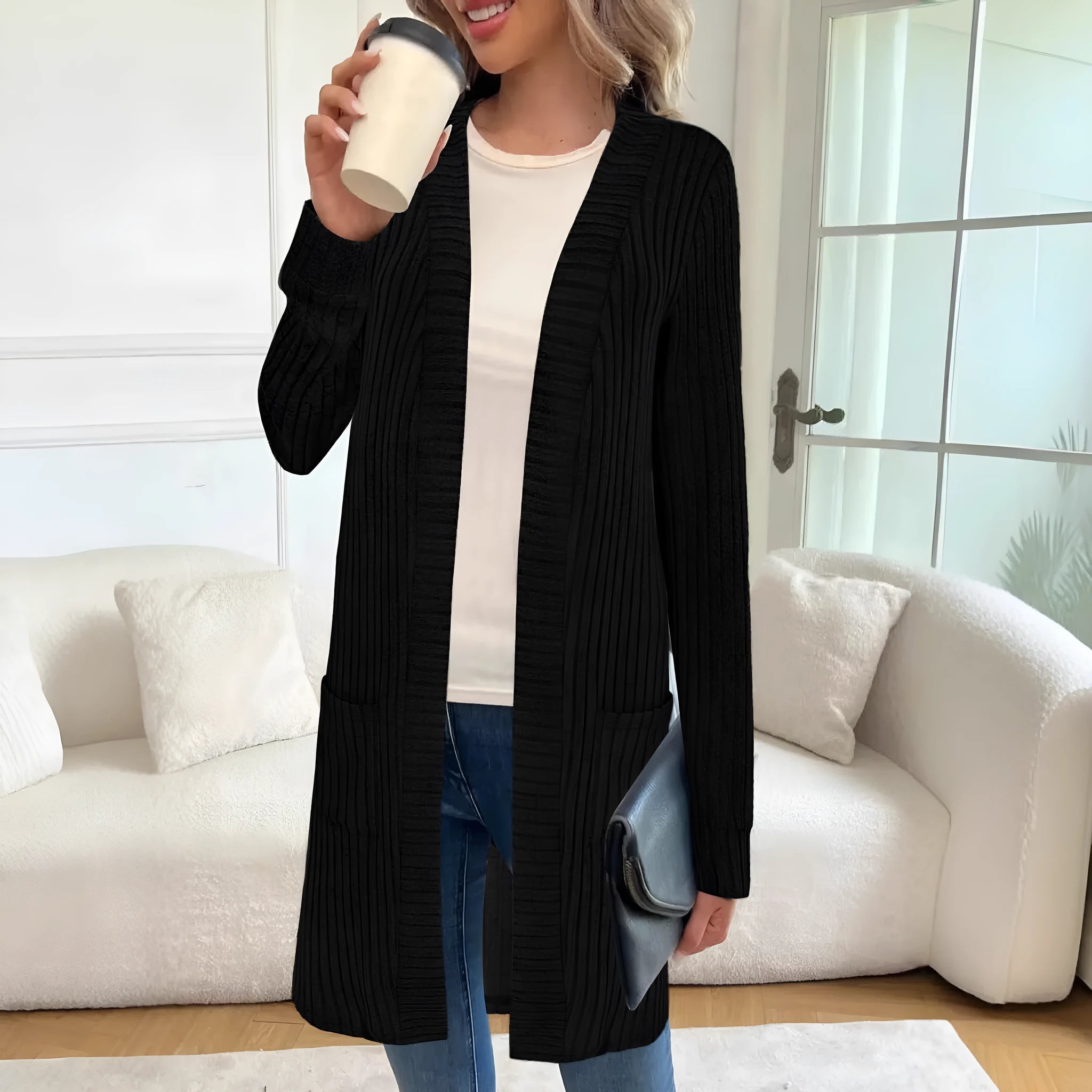 Loose fit grey polyester knitted cardigan jacket with long sleeves and patch pockets