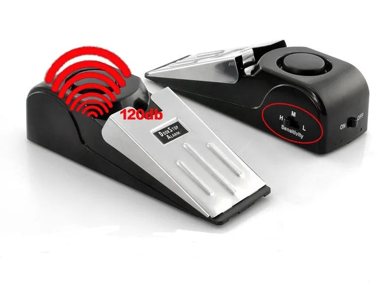 Black wedge door stop alarm with 120 dB siren, vibration sensor and stainless steel cover, for hinged doors