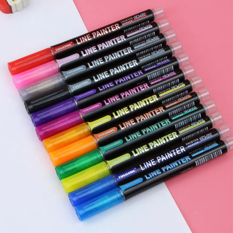 12 colour double line outline metal pens with plastic tips for 1mm-2mm line width marking