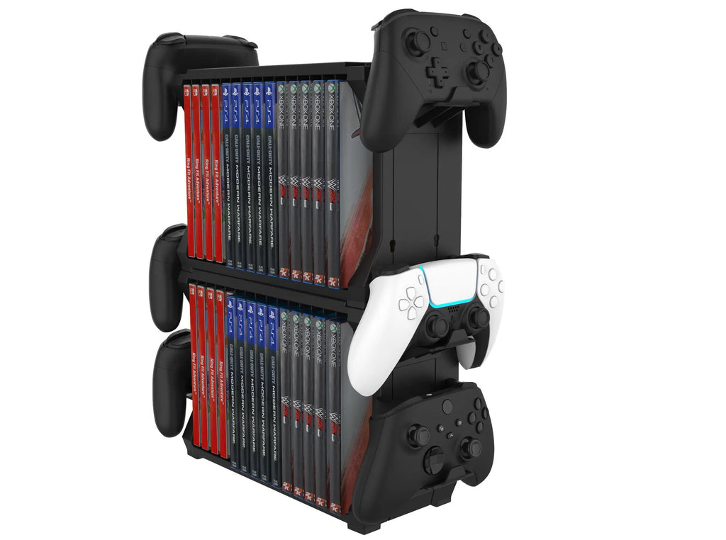 Black PS5 and Xbox Series X disc holder with controller storage compartments