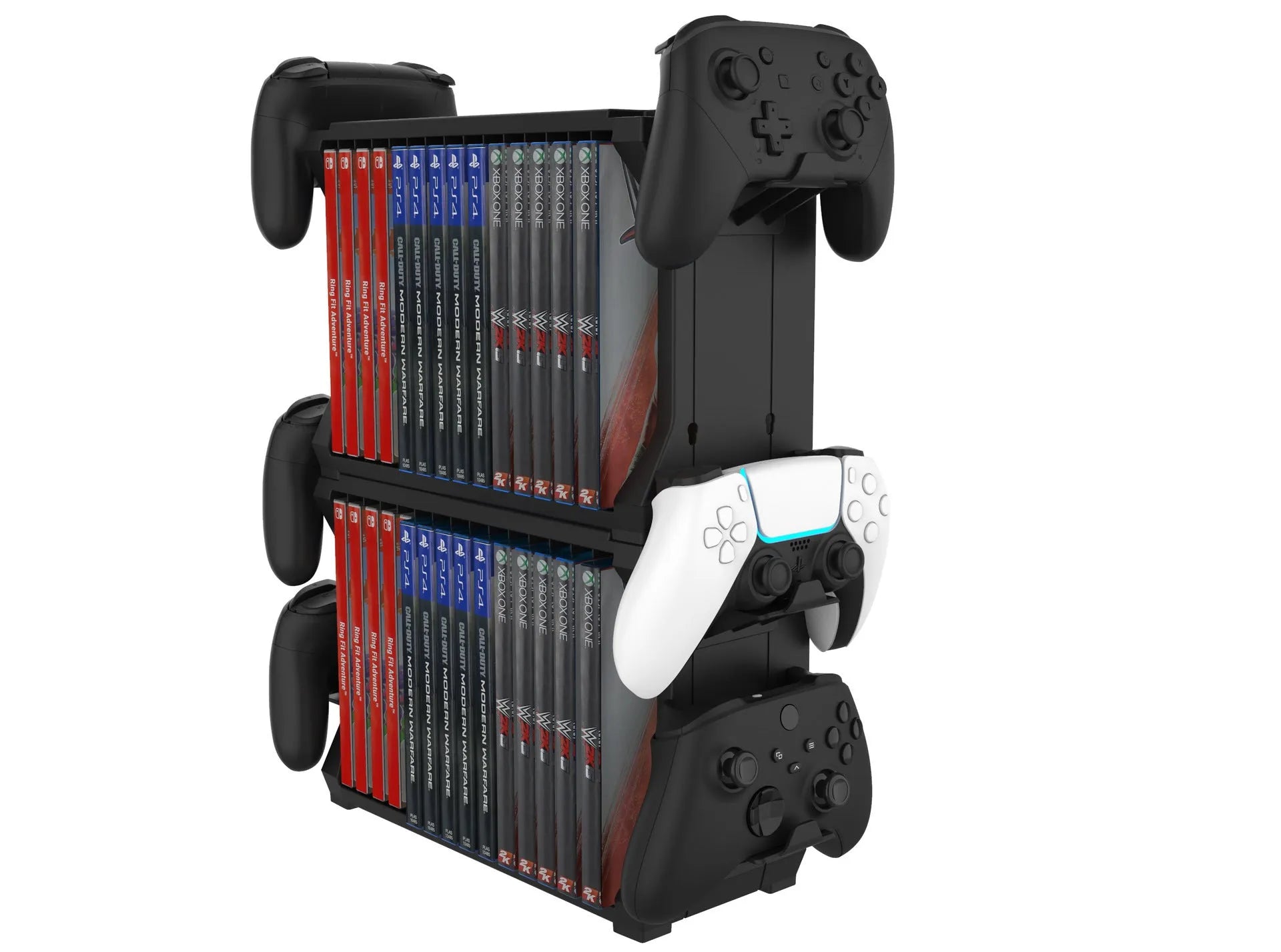 Black PS5 and Xbox Series X disc holder with controller storage compartments