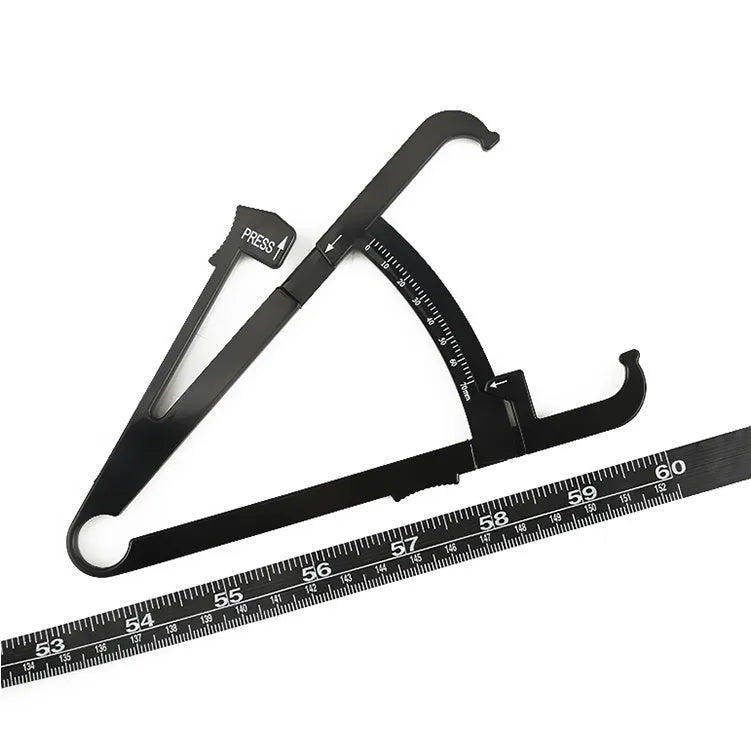 Black body fat caliper skin fold measuring instrument with two coiled measuring tapes on a grey background.