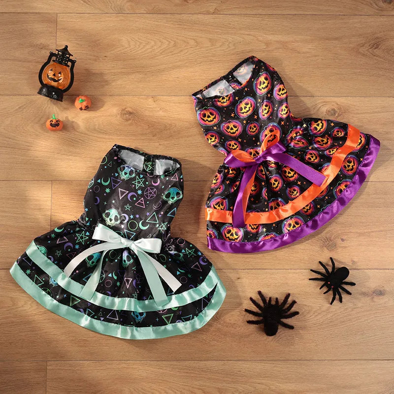 Colourful Halloween dog skirt with pumpkin and skull prints in sizes S M L XL