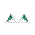 Green malachite stud earrings in silver with a geometric design and pure silver inlay gem setting
