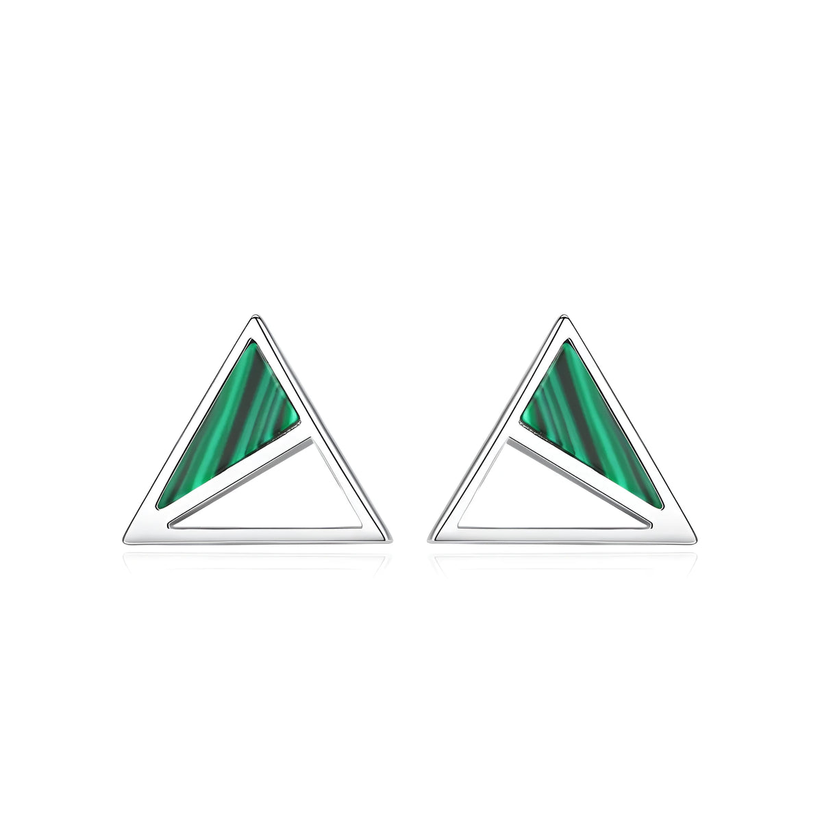 Green malachite stud earrings in silver with a geometric design and pure silver inlay gem setting