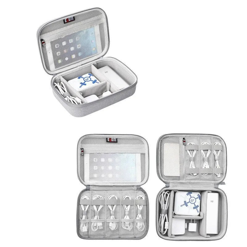 Black and grey EVA digital storage bags for organising headphones and cables, showing single and double layer options.