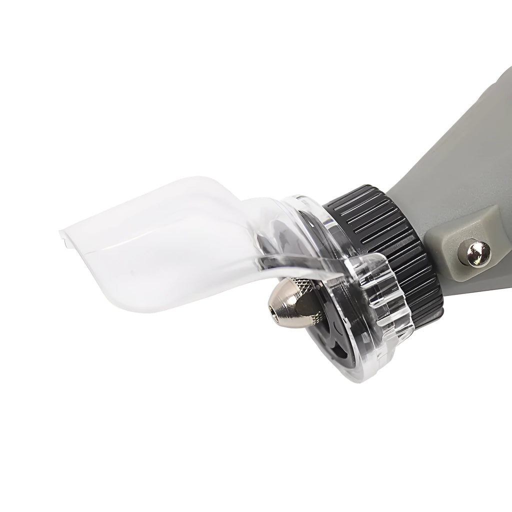 Transparent plastic horn-shaped safety cover for Delta electric grinders on a workbench.