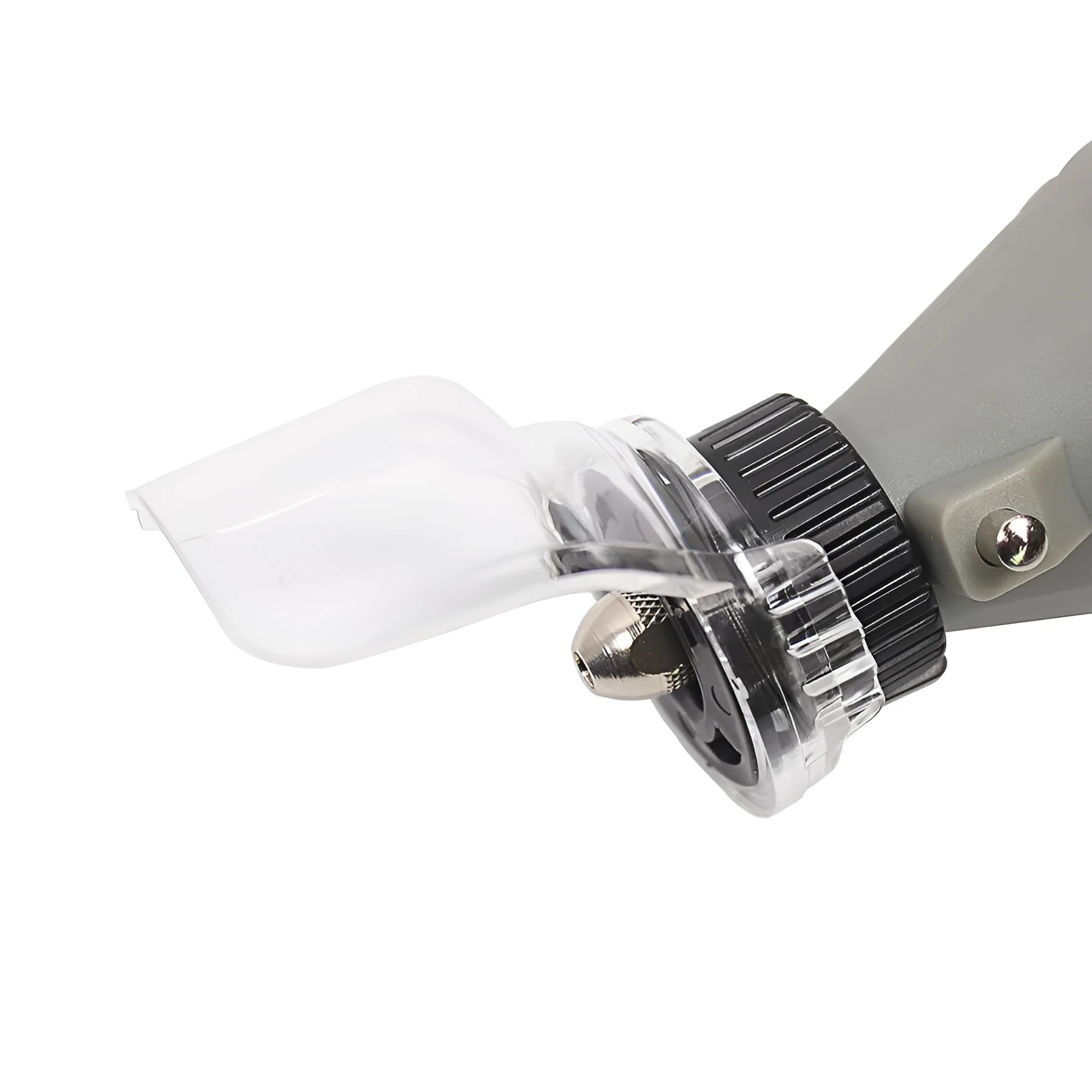 Transparent plastic horn-shaped safety cover for Delta electric grinders on a workbench.