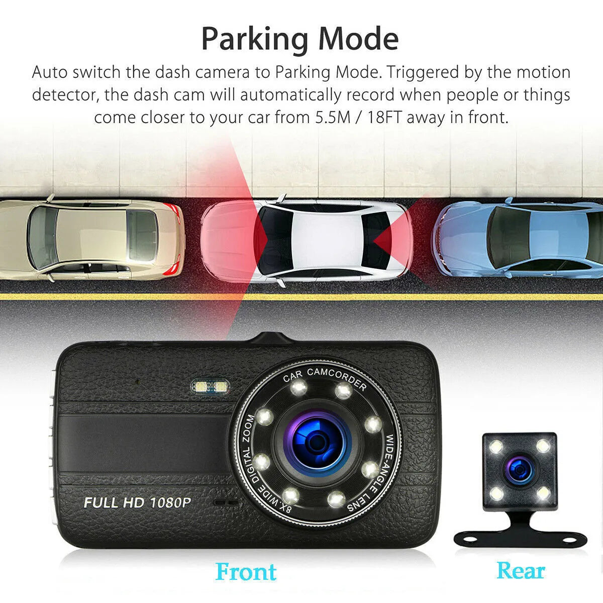 HD driving recorder with 8 night vision lights on windscreen mount showing 4.0 inch screen