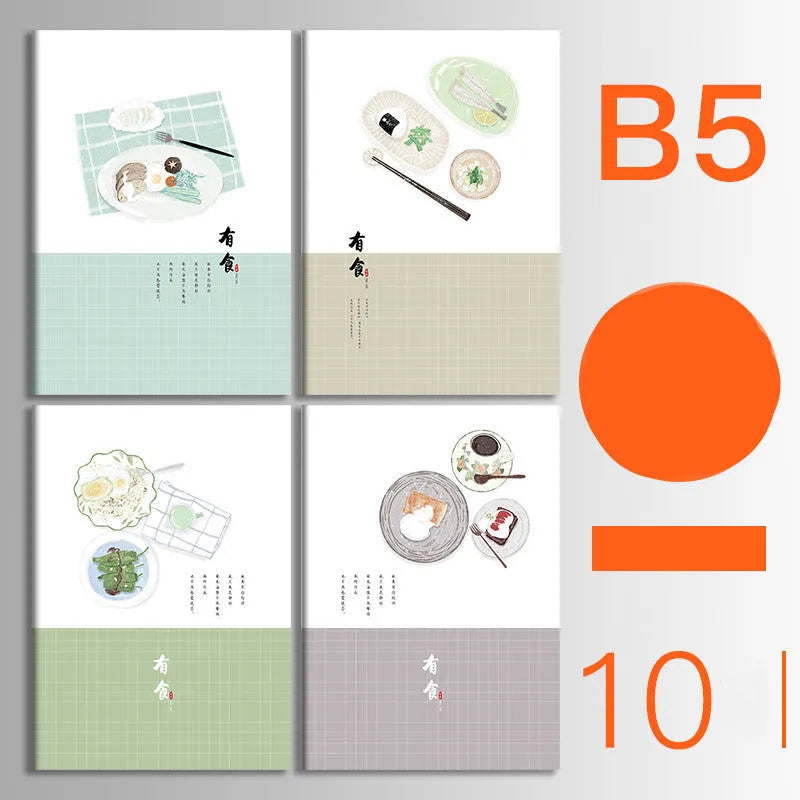 Pack of 10 A5 and B5 soft cover kraft paper notebooks with various designs, showing thread binding.