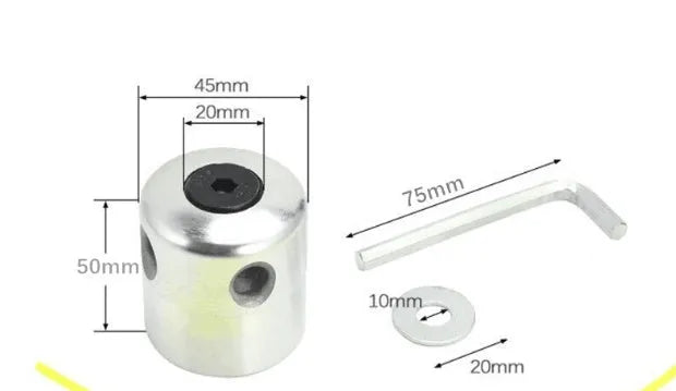 Silver aluminium lawn mower cutting head with four light yellow square grass strings and installation tools